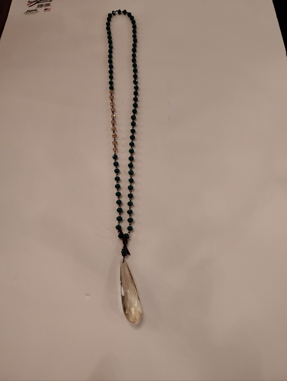 Green Beaded Necklace with Champagne Teardrop Crystal Pendant